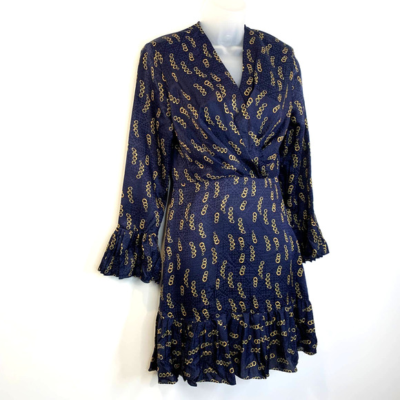 Sandro Milly Dress Chain Link Print Mini Silk Navy Surplice Long Sleeves - Picture 6 of 16
